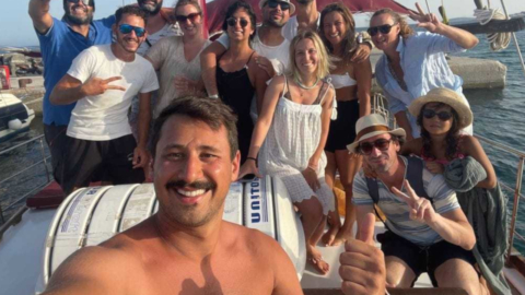 A happy company enjoys the private cruise