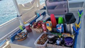 Στο σκάφος θα προσφέρουμε χυμούς, φρούτα και οτιδήποτε χρειαστείτε κατά τη διάρκεια του ταξιδιού