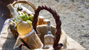 A basket with local drinks and more