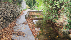 A picturesque trail alongside flowing water, connecting nature and tranquility on Naxos