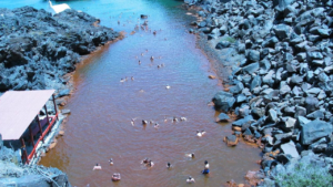 An aerial view of the hot springs as seen from above