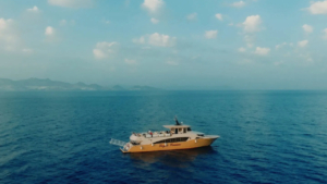 The swift and powerful motor yacht at sea