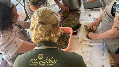 Stuffing  grape leaves to make traditional 'dolmadakia'
