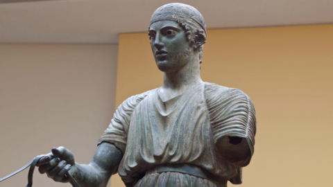 Τhe Charioteer of Delphiis an ancient Greek bronze statue dating to 470 BC