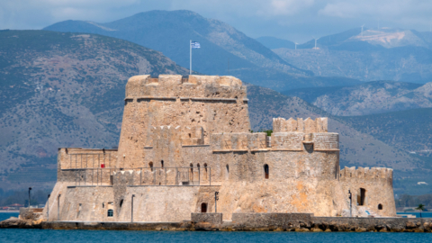 The Bourtzi castle dominates the landscape