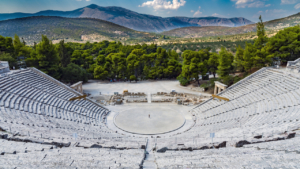The ancient theatre of Delphi and the view