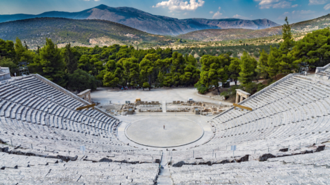 The ancient theatre of Delphi and the view