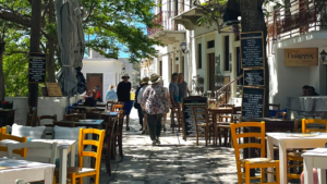 Walk on the marble pavements in Apiranthos