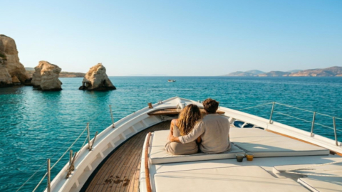 Χαλαρώστε στο κατάστρωμα καθώς πλέετε ανάμεσα σε πανέμορφα νησιωτικά τοπία κάτω από τον ελληνικό ήλιο