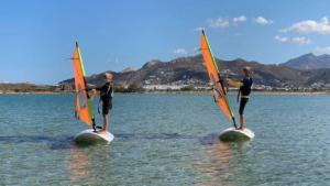 Master your balance on the board while discovering the basics of windsurfing at sea